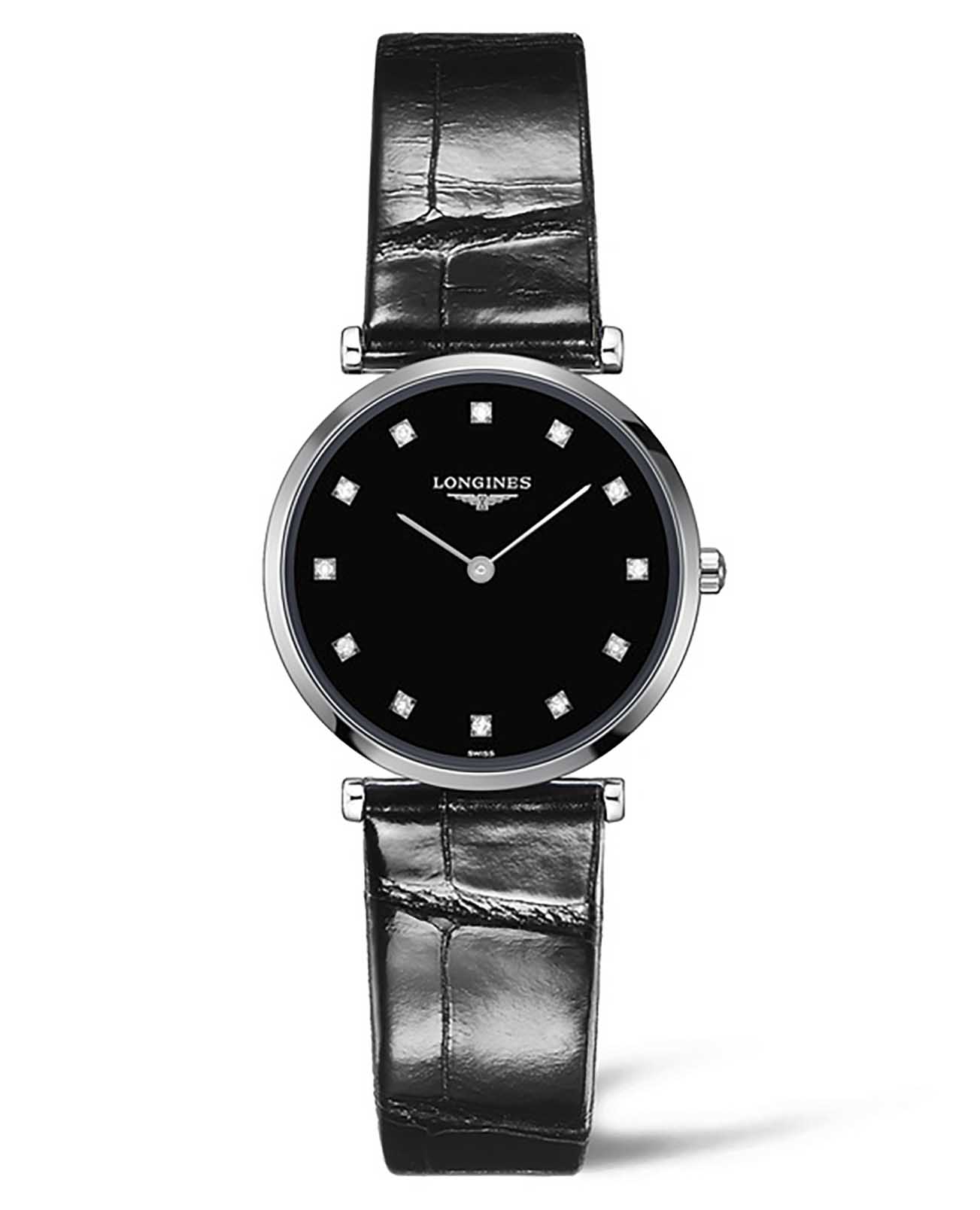 Longines Longines La Grande Classique L4.512.4.58.2  L45124582 кварцевые женские часы черный циферблат, браслет кожаный — вид спереди